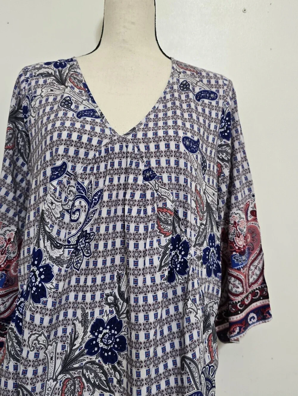 UMGEE size Large Boho Paisley V Neck 3/4 Sleeve Pocket Mini Dress Multicolor